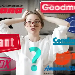 Lady looks terribly confused as logos of common HVAC brands flash around the picture.